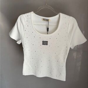 Miu Miu White Embellished Short-Sleeve Knit Top